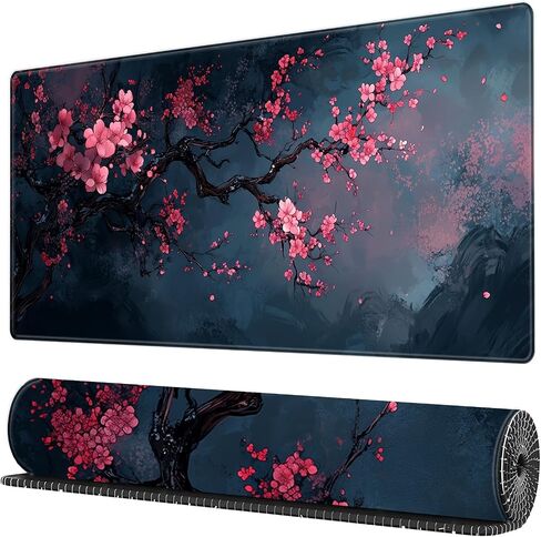 Cherry Blossom Gaming Mouse Pad Extended Big Desk Pad Pink Flower Mousepad with Non-Slip Base and Stitched Edges for Work Gaming Office-11.8 x 31.5 in in Saudi Arabia