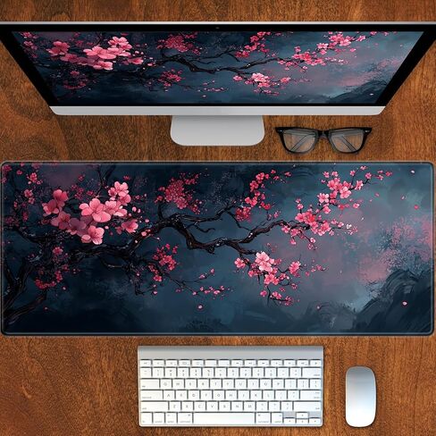 Cherry Blossom Gaming Mouse Pad Extended Big Desk Pad Pink Flower Mousepad with Non-Slip Base and Stitched Edges for Work Gaming Office-11.8 x 31.5 in in Saudi Arabia