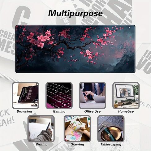 Cherry Blossom Gaming Mouse Pad Extended Big Desk Pad Pink Flower Mousepad with Non-Slip Base and Stitched Edges for Work Gaming Office-11.8 x 31.5 in in Saudi Arabia
