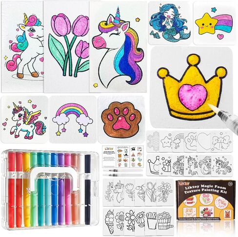 Liktoy 74Pcs Magic Foam Texture Painting Kit, 42Pcs Foam Texture Paper, 24 Colorful Brush, 2 Water Brushes, 3D Effect Texture Painting Set, Ideal for Halloween, Christmas, Birthday Gifts in Saudi Arabia
