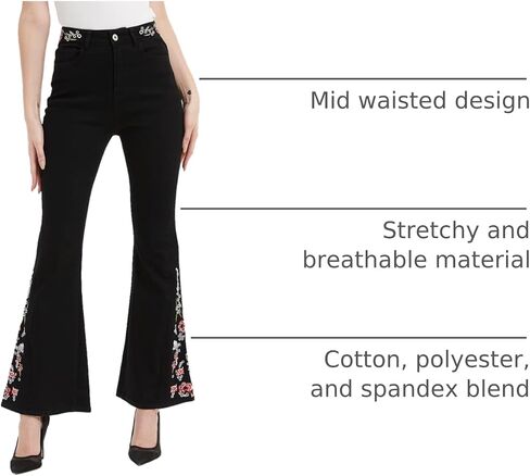 Anna-Kaci Womens Floral Daisy Embroidered Mid Rise Bell Bottom Flare Frayed Hem Jeans in Kuwait