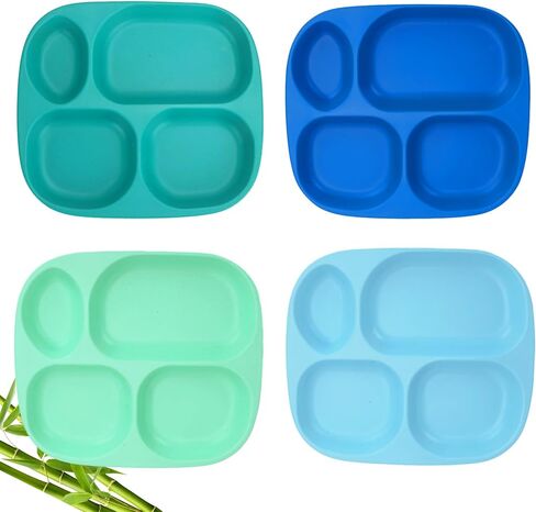 shopwithgreen Bamboo Divided Plates for Kids Adults - Dinnerware for Toddlers Kids Children Baby, BPA Free, Stackable, Dishwasher Safe, 9.4 inch, Set of 4 in Saudi Arabia