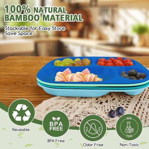 shopwithgreen Bamboo Divided Plates for Kids Adults - Dinnerware for Toddlers Kids Children Baby, BPA Free, Stackable, Dishwasher Safe, 9.4 inch, Set of 4 in Saudi Arabia