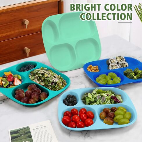 shopwithgreen Bamboo Divided Plates for Kids Adults - Dinnerware for Toddlers Kids Children Baby, BPA Free, Stackable, Dishwasher Safe, 9.4 inch, Set of 4 in Saudi Arabia