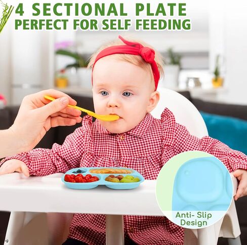 shopwithgreen Bamboo Divided Plates for Kids Adults - Dinnerware for Toddlers Kids Children Baby, BPA Free, Stackable, Dishwasher Safe, 9.4 inch, Set of 4 in Saudi Arabia