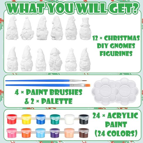 Realspring 12 Sets Gnome Ceramic to Paint Christmas Ready to Paint Your Own Ceramic DIY Paintable Figurine Unpainted Statue Kit Craft with Brush Palette for Adults Christmas Winter Party Favor in Saudi Arabia