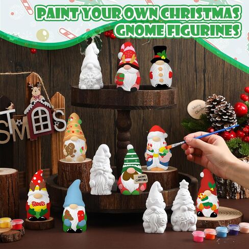 Realspring 12 Sets Gnome Ceramic to Paint Christmas Ready to Paint Your Own Ceramic DIY Paintable Figurine Unpainted Statue Kit Craft with Brush Palette for Adults Christmas Winter Party Favor in Saudi Arabia