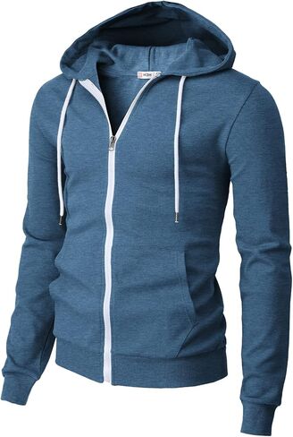 H2H Mens Slim Fit Long Sleeve Kanga Pocket High Neck Hoodie with White Zipper and Cord BLUE US L/Asia XL (CMOHOL062) in Saudi Arabia