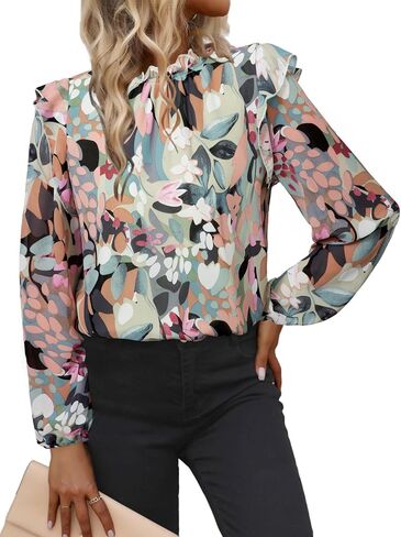 Simplee Womens Floral Boho Tops Trendy Ruffle Long Sleeve Blouses Fall Dressy Mock Neck Loose Casual Work Shirts in Saudi Arabia