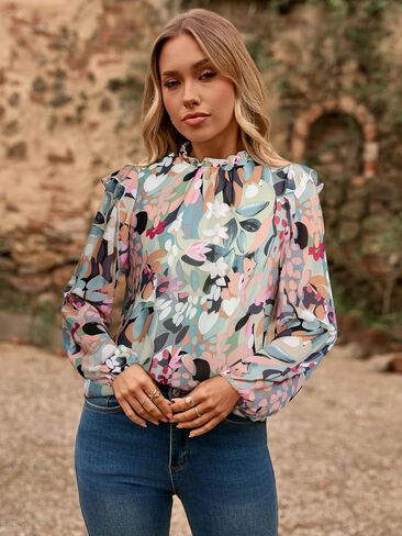 Simplee Womens Floral Boho Tops Trendy Ruffle Long Sleeve Blouses Fall Dressy Mock Neck Loose Casual Work Shirts in Saudi Arabia