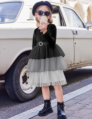 فستان Arshiner للأطفال الصغار من المخمل للفتيات من التول توتو للخريف والشتاء بأكمام طويلة وطبقات لحفلات العطلات من 2 إلى 8 سنوات in Kuwait