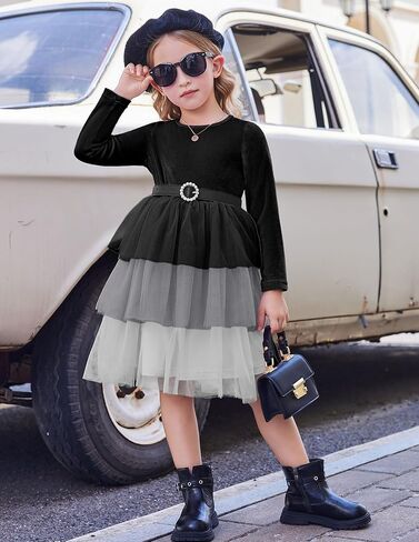 فستان Arshiner للأطفال الصغار من المخمل للفتيات من التول توتو للخريف والشتاء بأكمام طويلة وطبقات لحفلات العطلات من 2 إلى 8 سنوات in Kuwait