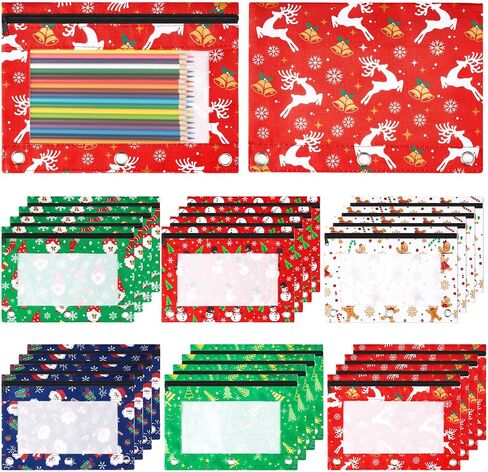 24 Pack Christmas Teacher Pencil Pouch Gift Bulk Pencil Pouch for 3 Ring Binder Zipper Pouches with Clear Window for Teacher Office Christmas Party Supplies in Saudi Arabia