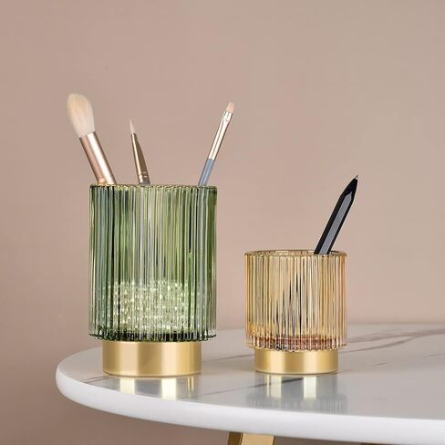 CANITORON Makeup Brush Holder,Glass Makeup Brush Holder Organizer Store Cosmetic Tools,Eyeliner,Storage Organizer for Vanity,Bathroom Countertop Organize and Bedroom Countertop Storage.(Amber L) in Kuwait