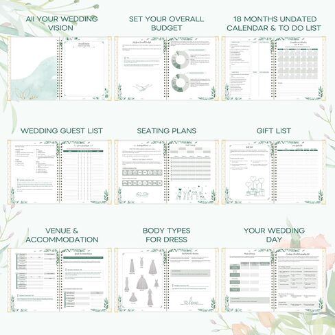 Wedding Planner & Organizer - Wedding Planner Book and Organizer for the Bride, 9.5" x 11.9" Diary Engagement Gift Book, Hardcover + Metal Corner + 5 Inner Pockets + Sticker + Elastic Closure - Flower in Saudi Arabia