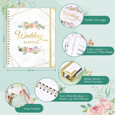 Wedding Planner & Organizer - Wedding Planner Book and Organizer for the Bride, 9.5" x 11.9" Diary Engagement Gift Book, Hardcover + Metal Corner + 5 Inner Pockets + Sticker + Elastic Closure - Flower in Saudi Arabia