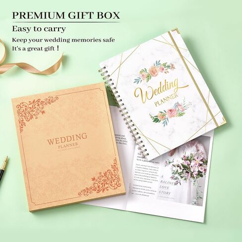 Wedding Planner & Organizer - Wedding Planner Book and Organizer for the Bride, 9.5" x 11.9" Diary Engagement Gift Book, Hardcover + Metal Corner + 5 Inner Pockets + Sticker + Elastic Closure - Flower in Saudi Arabia