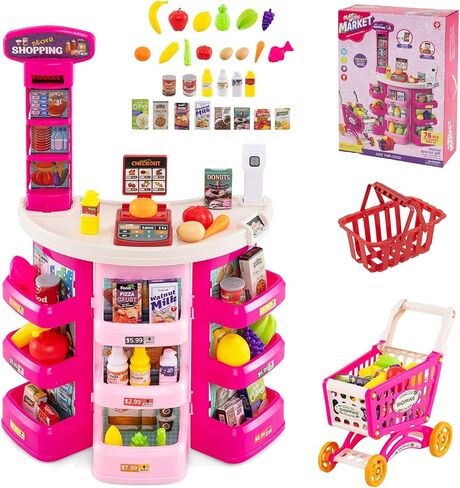 Costzon Grocery Store Playset, Grocery Store Pretend Play w/ Shopping Cart, Basket, Play Food, Scanner, Sound & Light, Pretend Play Cash Register, Supermarket Playset for Kids 3+ (Pink) in Saudi Arabia