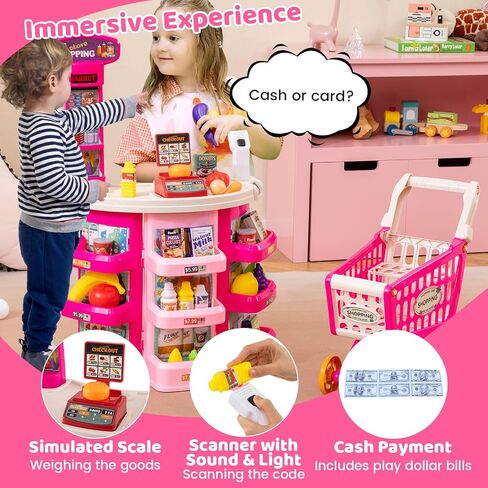 Costzon Grocery Store Playset, Grocery Store Pretend Play w/ Shopping Cart, Basket, Play Food, Scanner, Sound & Light, Pretend Play Cash Register, Supermarket Playset for Kids 3+ (Pink) in Saudi Arabia