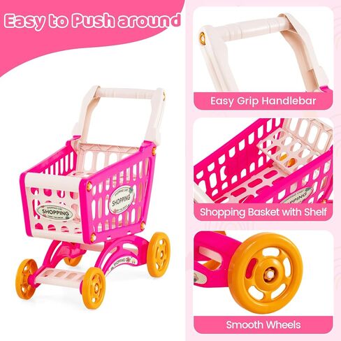 Costzon Grocery Store Playset, Grocery Store Pretend Play w/ Shopping Cart, Basket, Play Food, Scanner, Sound & Light, Pretend Play Cash Register, Supermarket Playset for Kids 3+ (Pink) in Saudi Arabia