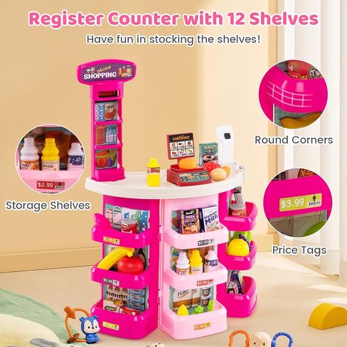 Costzon Grocery Store Playset, Grocery Store Pretend Play w/ Shopping Cart, Basket, Play Food, Scanner, Sound & Light, Pretend Play Cash Register, Supermarket Playset for Kids 3+ (Pink) in Saudi Arabia