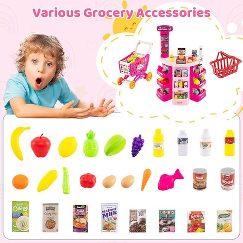 Costzon Grocery Store Playset, Grocery Store Pretend Play w/ Shopping Cart, Basket, Play Food, Scanner, Sound & Light, Pretend Play Cash Register, Supermarket Playset for Kids 3+ (Pink) in Saudi Arabia