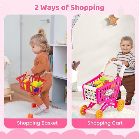 Costzon Grocery Store Playset, Grocery Store Pretend Play w/ Shopping Cart, Basket, Play Food, Scanner, Sound & Light, Pretend Play Cash Register, Supermarket Playset for Kids 3+ (Pink) in Saudi Arabia
