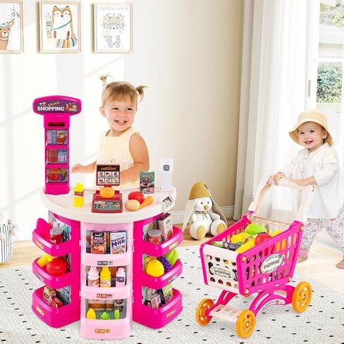 Costzon Grocery Store Playset, Grocery Store Pretend Play w/ Shopping Cart, Basket, Play Food, Scanner, Sound & Light, Pretend Play Cash Register, Supermarket Playset for Kids 3+ (Pink) in Saudi Arabia