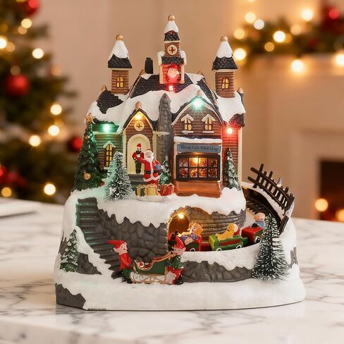Christmas Village Houses, Popcorn Shop with LED Lighted and 8 Christmas Music, Christmas Animation Village Indoor Holiday Tabletop Decorations for Home Tabletop Gift in Saudi Arabia
