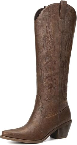 Pasuot Brown Cowboy Boots for Women - Wide Calf Cowgirl Knee High Western Boots with Side Zip and Embroidered, Pointed Toe Chunky Heel Retro Classic Tall Boot Pull On for Ladies Fall Winter US 13 in Saudi Arabia
