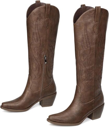 Pasuot Brown Cowboy Boots for Women - Wide Calf Cowgirl Knee High Western Boots with Side Zip and Embroidered, Pointed Toe Chunky Heel Retro Classic Tall Boot Pull On for Ladies Fall Winter US 13 in Saudi Arabia