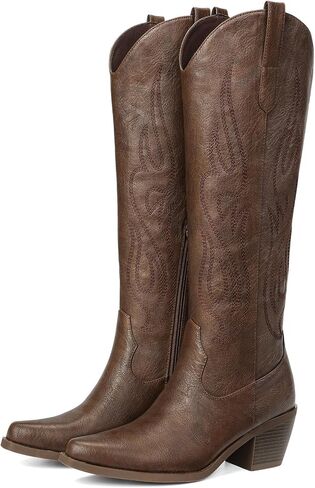 Pasuot Brown Cowboy Boots for Women - Wide Calf Cowgirl Knee High Western Boots with Side Zip and Embroidered, Pointed Toe Chunky Heel Retro Classic Tall Boot Pull On for Ladies Fall Winter US 13 in Saudi Arabia