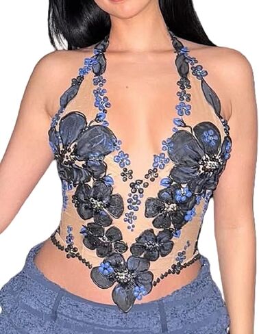 قطع علوية نسائية شبكية مزهّرة ومطرزة بالزهور قطع علوية قصيرة Y2K Coquette بأربطة مكشوفة الظهر in Saudi Arabia