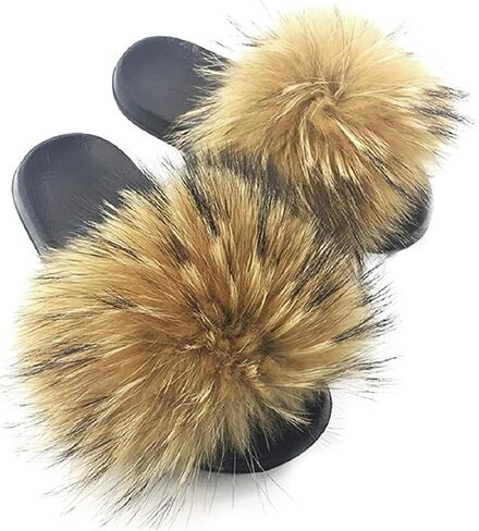 Faux Fur Slides for Women, Fuzzy Slippers Fluffy Sandals Furry House Shoes Indoor Outdoor in Saudi Arabia