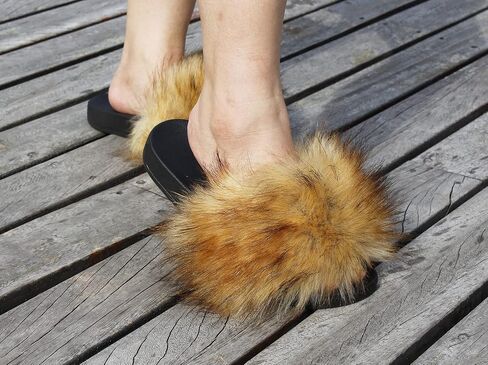 Faux Fur Slides for Women, Fuzzy Slippers Fluffy Sandals Furry House Shoes Indoor Outdoor in Saudi Arabia