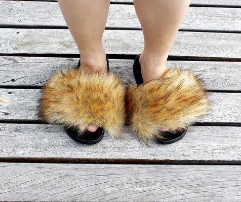 Faux Fur Slides for Women, Fuzzy Slippers Fluffy Sandals Furry House Shoes Indoor Outdoor in Saudi Arabia