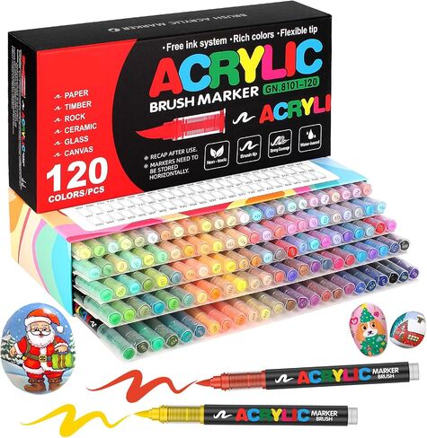 Amamao 120 Colors Acrylic Paint Markers, Soft Brush Tip Pens and Markers, Acrylic Paint Pens for Wood, Stone, Canvas, Glass, Fabric, Egg, Rock Painting and DIY Crafts Art Supplies in Kuwait