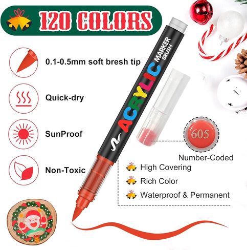 Amamao 120 Colors Acrylic Paint Markers, Soft Brush Tip Pens and Markers, Acrylic Paint Pens for Wood, Stone, Canvas, Glass, Fabric, Egg, Rock Painting and DIY Crafts Art Supplies in Kuwait