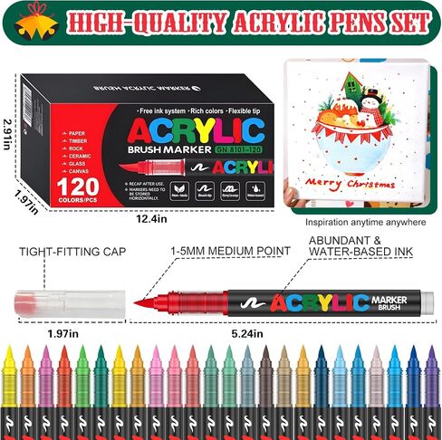 Amamao 120 Colors Acrylic Paint Markers, Soft Brush Tip Pens and Markers, Acrylic Paint Pens for Wood, Stone, Canvas, Glass, Fabric, Egg, Rock Painting and DIY Crafts Art Supplies in Kuwait