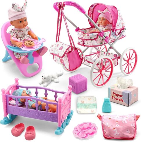 Baby Doll Stroller Toys Set W/ 13'' Baby Doll, Doll's Bed, Dining Chair, 26 PCS Doll Accessories & 2 Set Clothes, Baby Stroller Toys for 3 4 5 Year Old Girl Birthday Gift, Pretend Playset for Toddler in Saudi Arabia