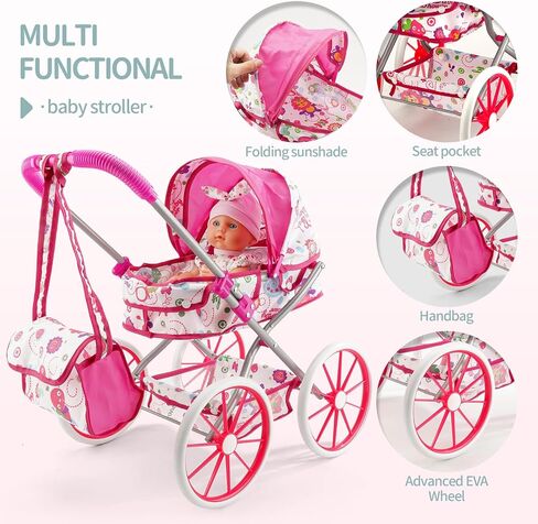 Baby Doll Stroller Toys Set W/ 13'' Baby Doll, Doll's Bed, Dining Chair, 26 PCS Doll Accessories & 2 Set Clothes, Baby Stroller Toys for 3 4 5 Year Old Girl Birthday Gift, Pretend Playset for Toddler in Saudi Arabia