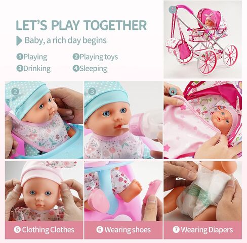 Baby Doll Stroller Toys Set W/ 13'' Baby Doll, Doll's Bed, Dining Chair, 26 PCS Doll Accessories & 2 Set Clothes, Baby Stroller Toys for 3 4 5 Year Old Girl Birthday Gift, Pretend Playset for Toddler in Saudi Arabia
