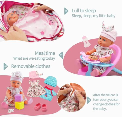 Baby Doll Stroller Toys Set W/ 13'' Baby Doll, Doll's Bed, Dining Chair, 26 PCS Doll Accessories & 2 Set Clothes, Baby Stroller Toys for 3 4 5 Year Old Girl Birthday Gift, Pretend Playset for Toddler in Saudi Arabia