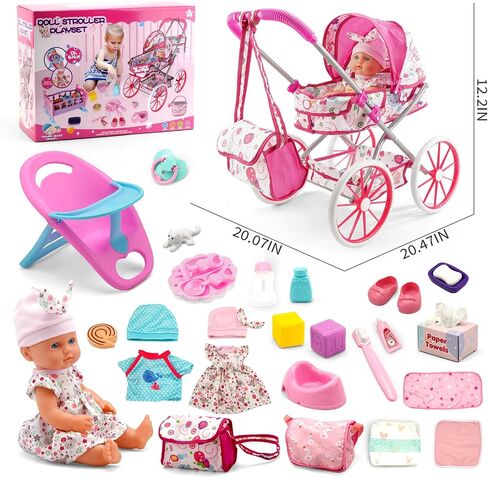 Baby Doll Stroller Toys Set W/ 13'' Baby Doll, Doll's Bed, Dining Chair, 26 PCS Doll Accessories & 2 Set Clothes, Baby Stroller Toys for 3 4 5 Year Old Girl Birthday Gift, Pretend Playset for Toddler in Saudi Arabia