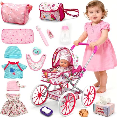 Baby Doll Stroller Toys Set W/ 13'' Baby Doll, Doll's Bed, Dining Chair, 26 PCS Doll Accessories & 2 Set Clothes, Baby Stroller Toys for 3 4 5 Year Old Girl Birthday Gift, Pretend Playset for Toddler in Saudi Arabia