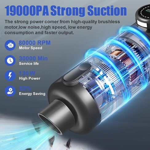 Car Vacuum Portable Cordless-19000 Pa 4 in 1 Handheld Vacuum Cordless Brushless Motor with LED Light and Multi-Nozzles, One-Touch dust Removal for Car, Home, Office, Pet, Black in Saudi Arabia