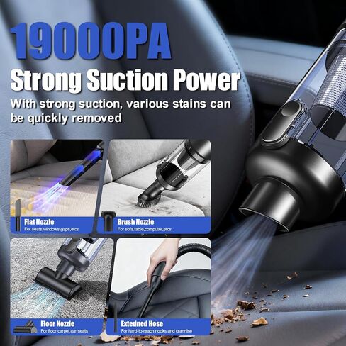 Car Vacuum Portable Cordless-19000 Pa 4 in 1 Handheld Vacuum Cordless Brushless Motor with LED Light and Multi-Nozzles, One-Touch dust Removal for Car, Home, Office, Pet, Black in Saudi Arabia