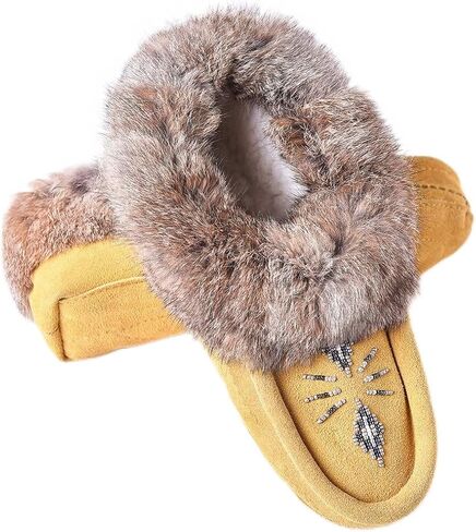 Women Moccasins Indoor Slippers of Soft Sole Fleece Lined Rabbit Fur Trim in Kuwait