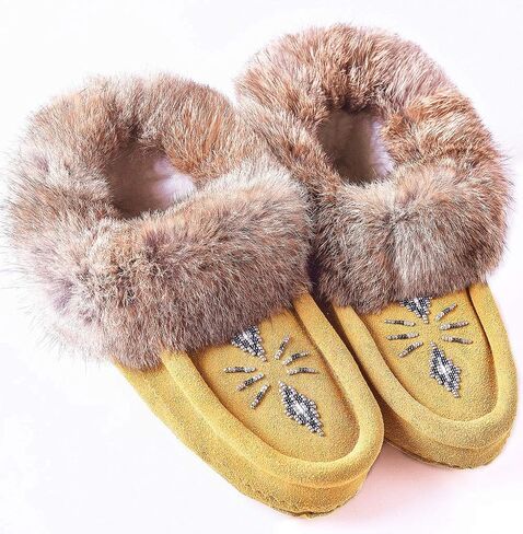Women Moccasins Indoor Slippers of Soft Sole Fleece Lined Rabbit Fur Trim in Kuwait