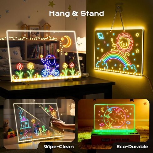 لوحة ملاحظات LED مع 7 ألوان، لوحة رسم LED مقاس 12 × 8 بوصة للأطفال، تتضمن محول، 7 علامات، قماش ناعم، سلسلة تعليق، هدية عيد الميلاد (إصدار ترقية 2025) in Kuwait